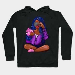 Cool edgy girl with natural afro hair in pink braids and camera phone black girl Magic. “African American woman”,teenager, African American teen Hoodie